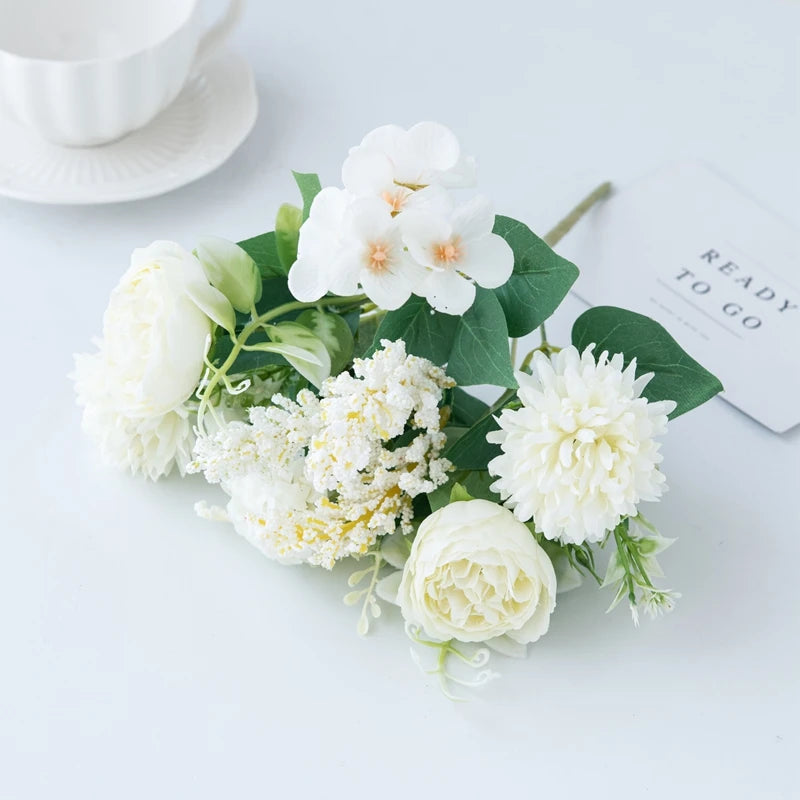 bouquet fleurs artificielles pivoines soie rose blanc violet bleu clair jaune feuillage vert décoration