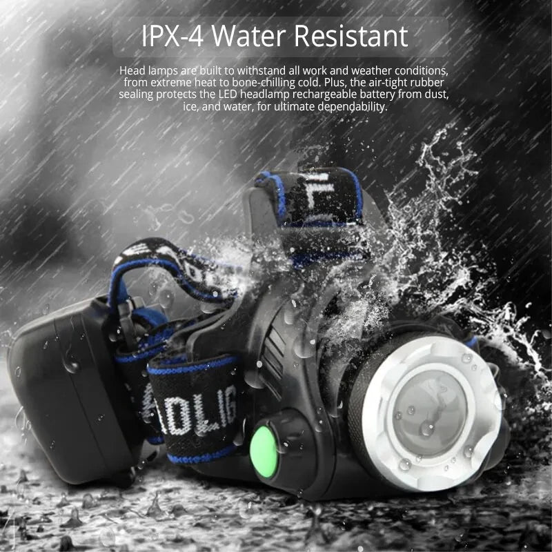 lampe frontale led rechargeable batterie 18650 noir bleu bandes ajustables haute luminosité camping outdoor