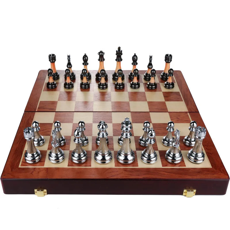 jeu échecs pièces bois métal noir orange argenté classique enfant famille folding magnetic