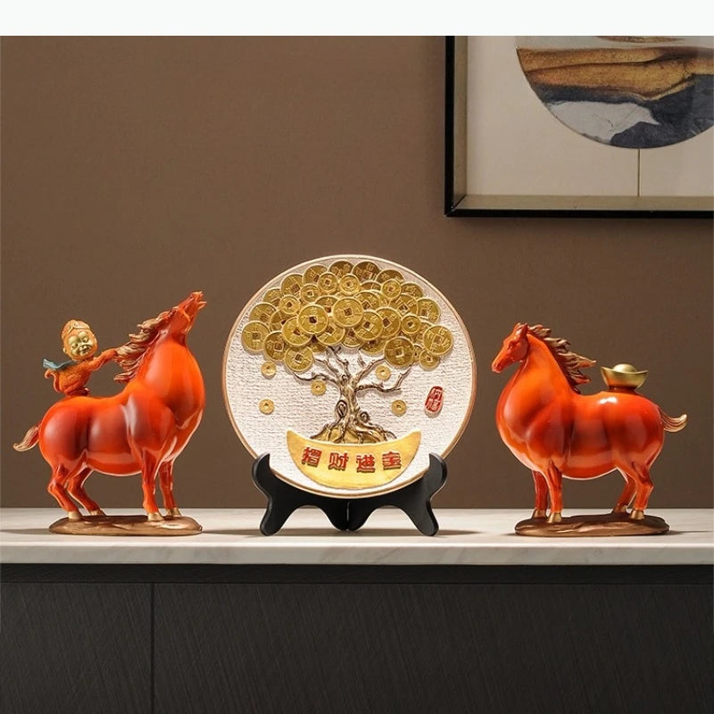 statues chevaux décoratives asiatiques blanc orange figurines humaines petits ornements dorés