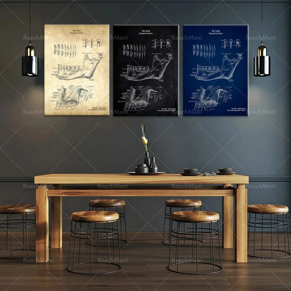 La décoration murale met en valeur des designs anatomiques détaillés des dents, créant une ambiance de salle à manger raffinée.