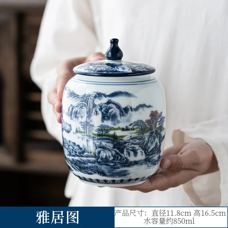 pot thé céramique blanc bleu paysage chinois couvercle fleurs montagnes arbre traditionnel