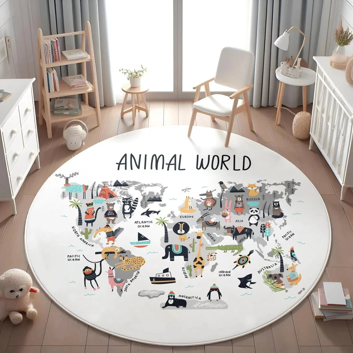 tapis rond moderne carte monde animaux motifs floraux bébé salon 80x80cm 120x120cm polyester