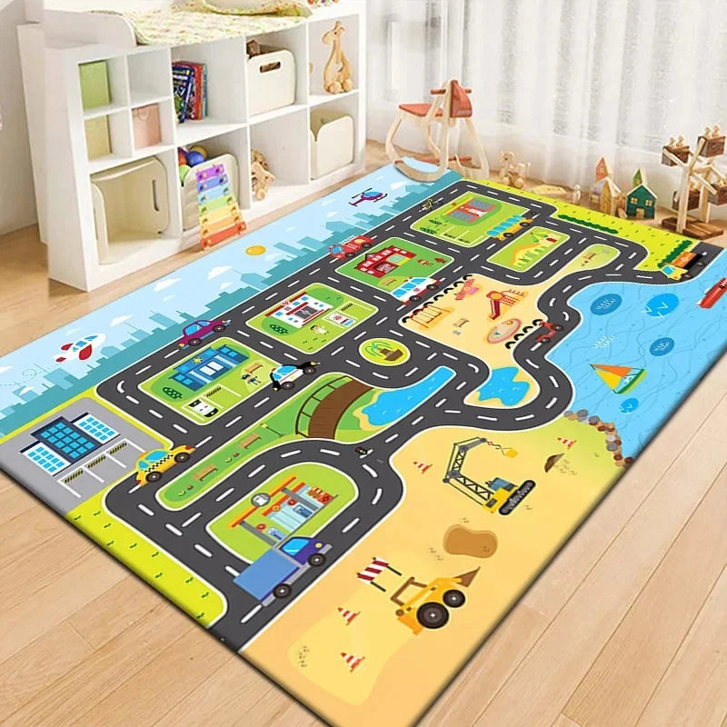 tapis jeu enfant ville animaux piste course chambre salon décoratif bleu vert gris blanc