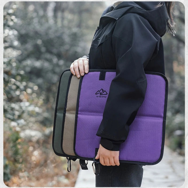 tapis siège pliable extérieur camping randonnée violet vert kaki rembourré velcro anneaux métalliques