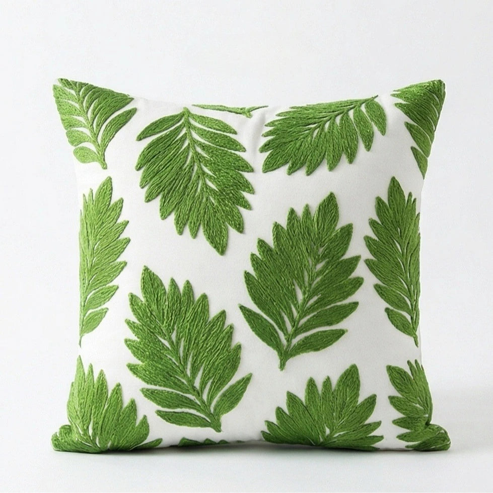housse coussin brodée motif feuilles moderne coton polyester vert jaune bleu gris 45x45cm