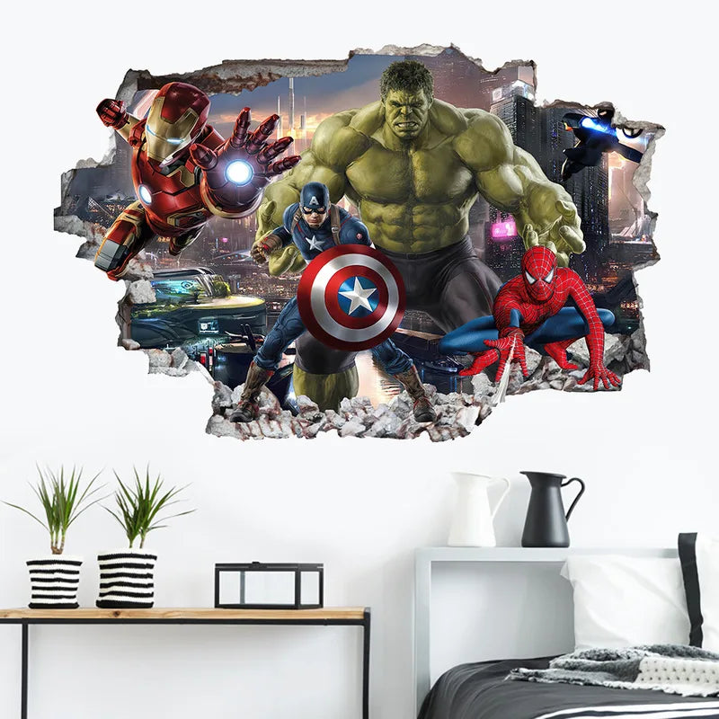 sticker mural 3d super héros hulk iron man captain america thor rouge bleu vert
