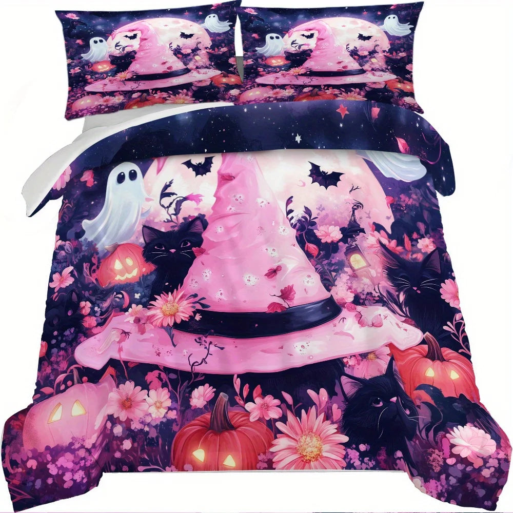 housse couette impression 3d fantaisie halloween rose noire blanc fantômes chauves souris citrouilles
