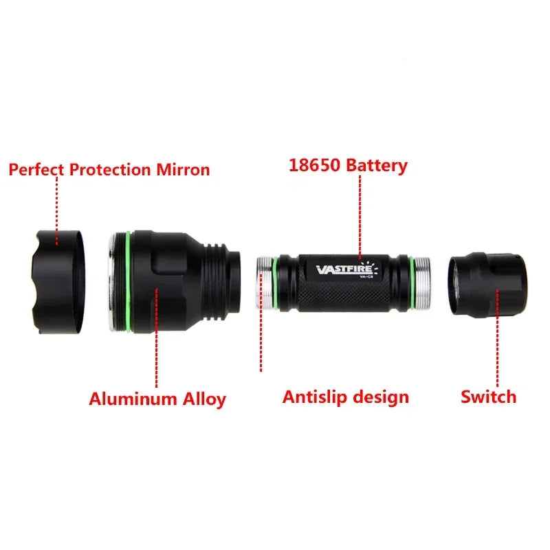 lampe torche rechargeable led noire anti glisse 5w rouge vert camping