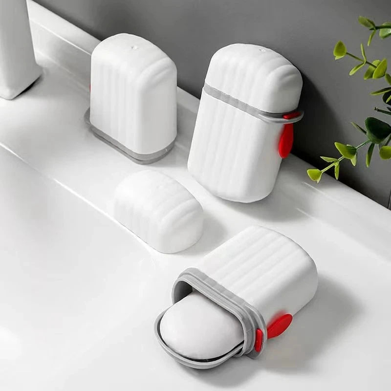 boîte savon voyage moderne blanche rayures horizontales étanche clip fixe hygiène rangement pratique