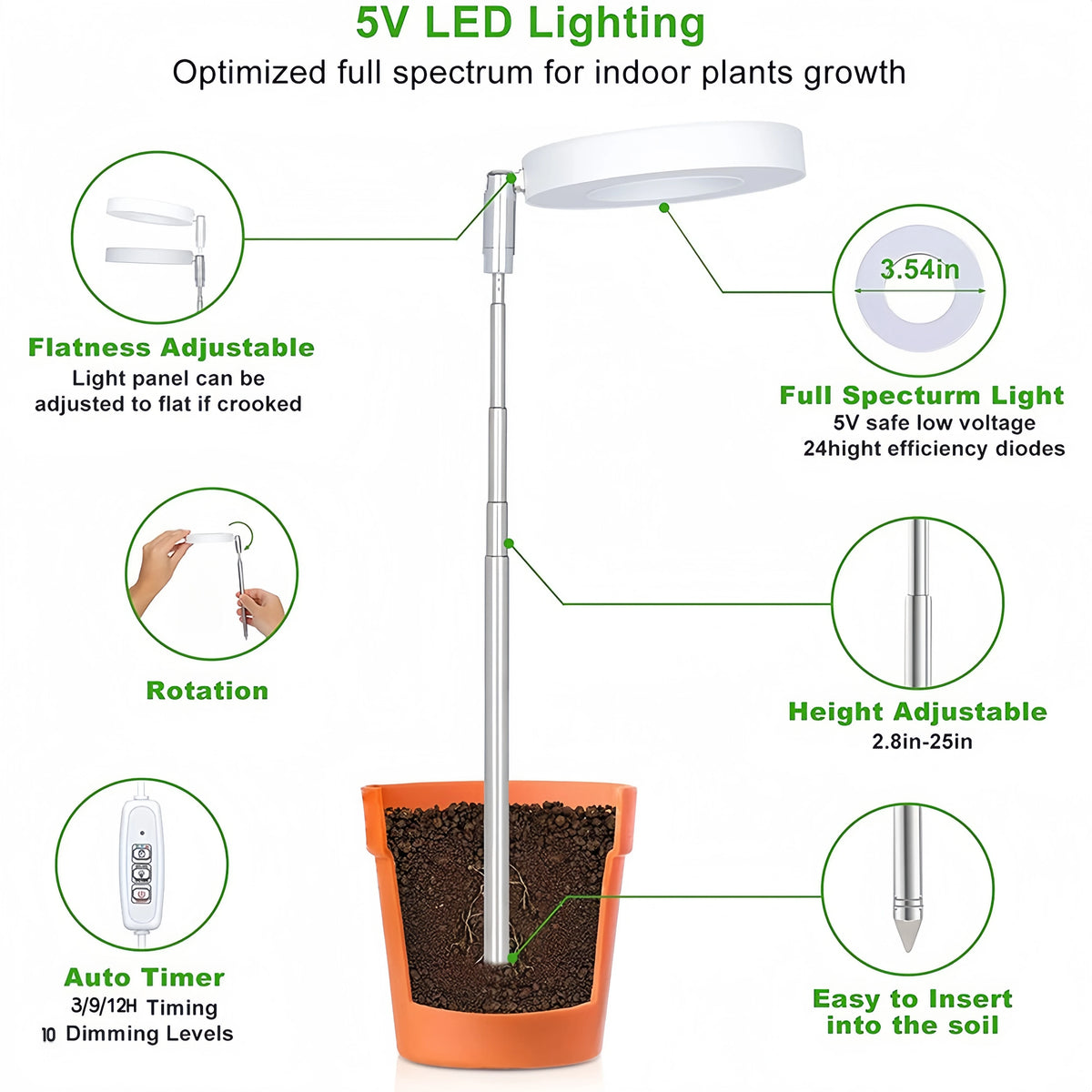 lampe led croissance plante hauteur réglable blanc noir moderne télécommande USB