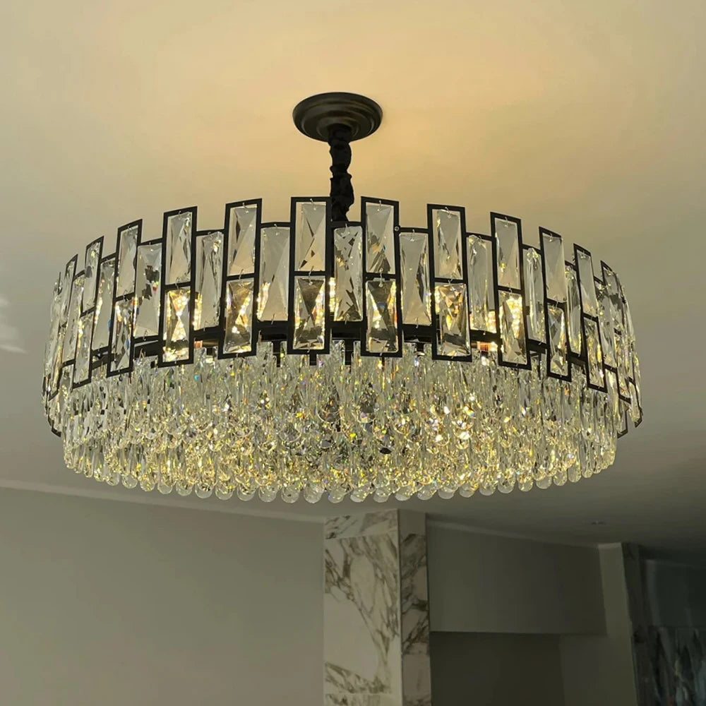 lustre moderne noir cristal suspendu élégant chambre salon transparent rectangles métal
