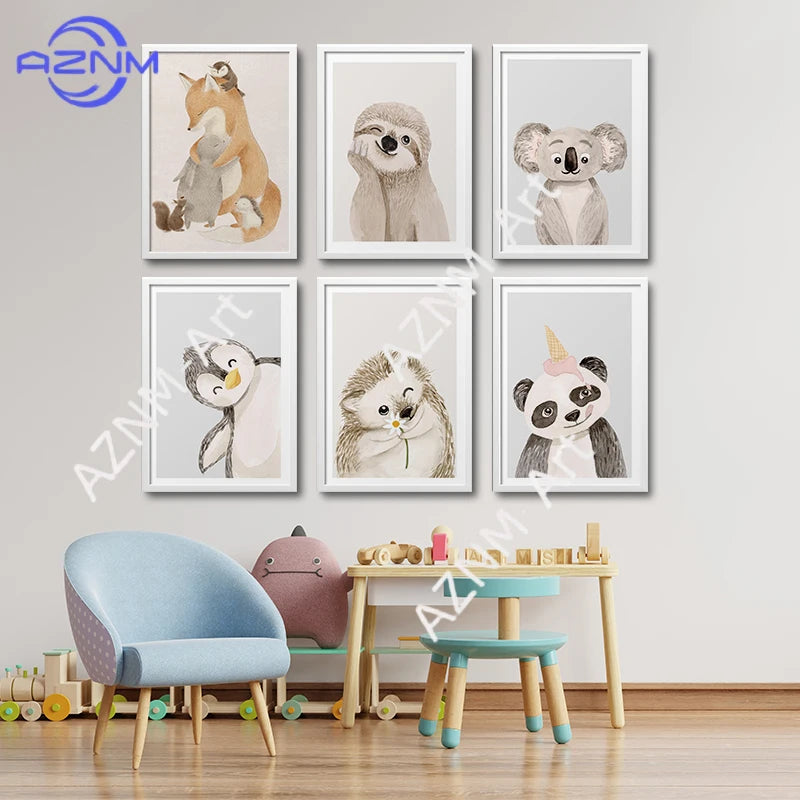 affiche toile animaux mignons chambre enfant décoration mur bois cadre panda ours renard singe