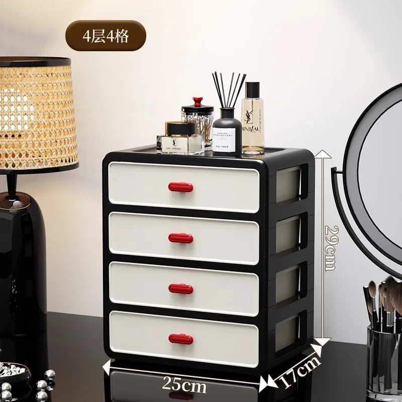 boîte maquillage moderne boîtes rangement noires blanches rouges poignées motifs géométriques