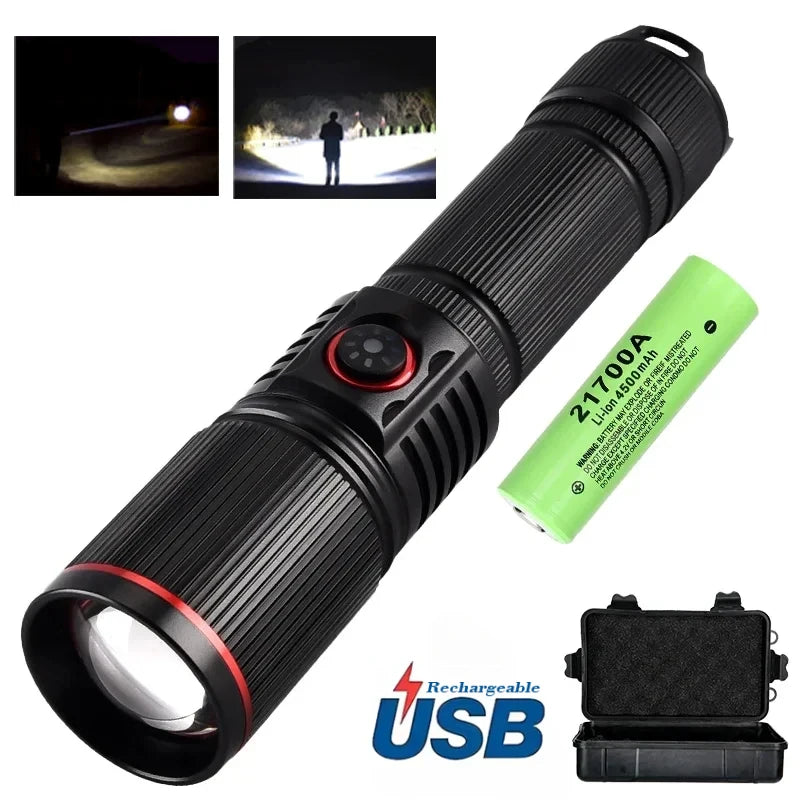 lampe torche led rechargeable 30w intense 500m rayures noire camping