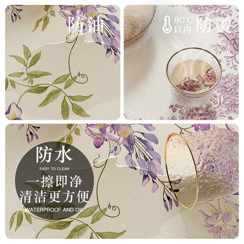 tapis table violet vert beige fleurs feuilles bordure rayée classique floral resistant pvc 30x50cm