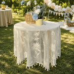nappe table blanche fleurs brodées bohème anti poussière clips opaques rond vintage