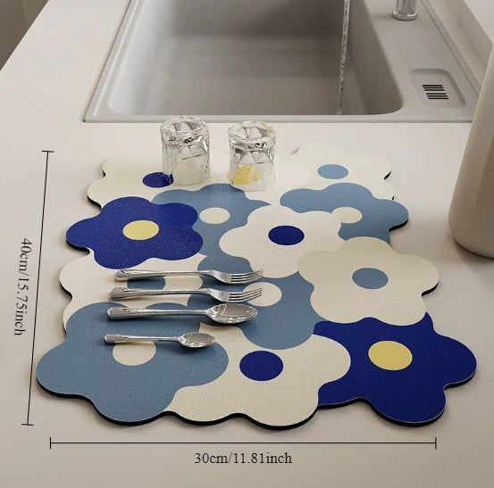 tapis table moderne fleurs stylisées motifs géométriques bleu blanc jaune vert orange rose gris