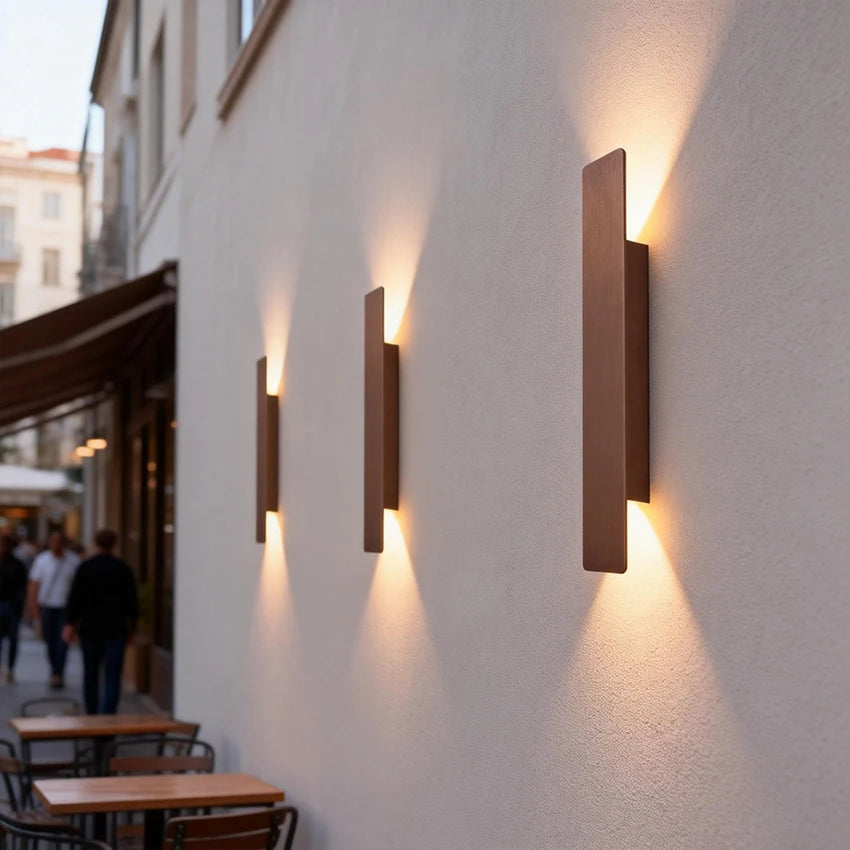 applique murale led moderne marron clair rectangulaire minimaliste imperméable fixée mur sources lumineuses