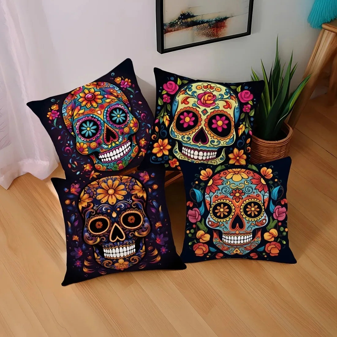 taies d'oreiller halloween crâne fleurs colorées deco maison lit polyester opacité artistique