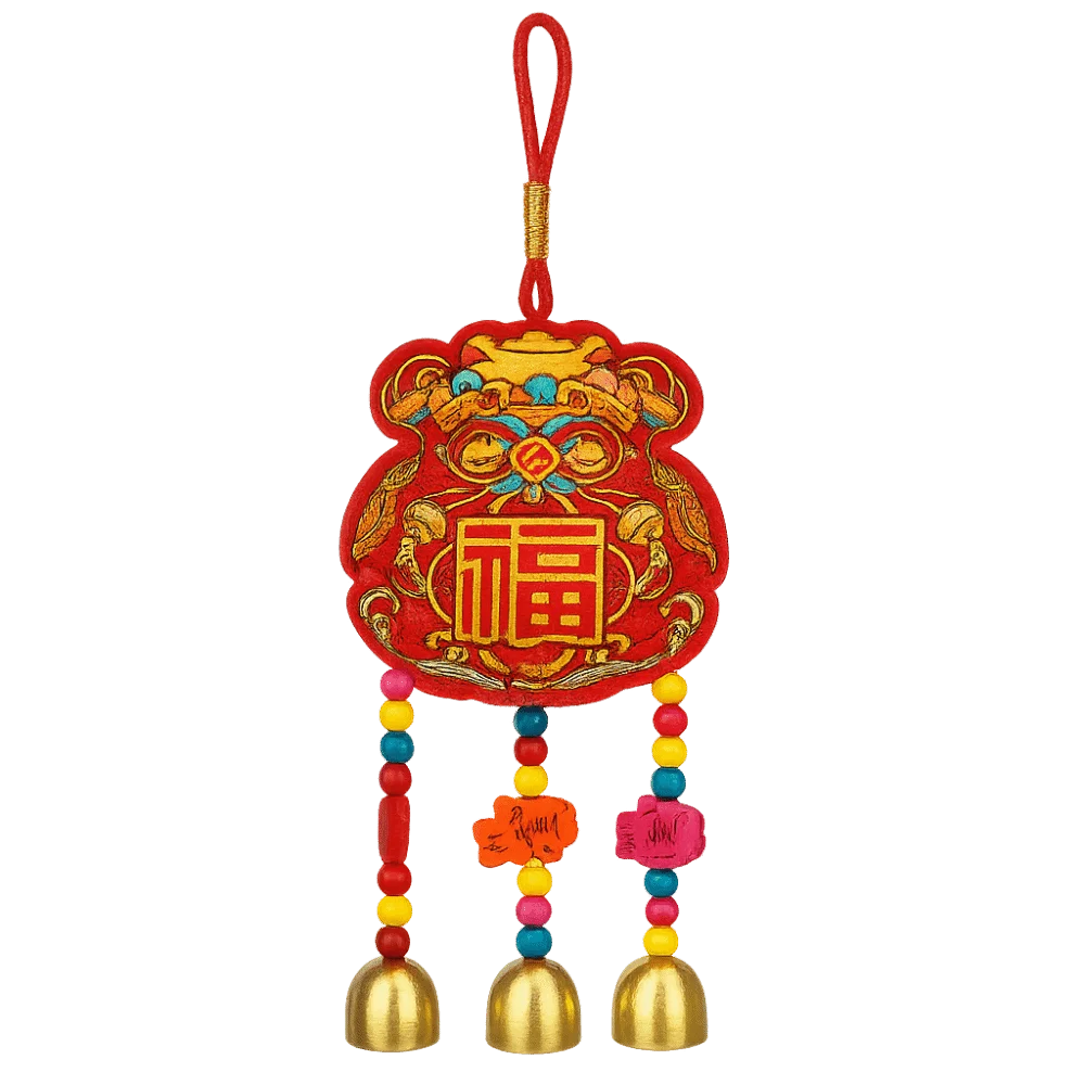 décoration murale chinoise brodée rouge or poissons clochettes rubans suspension artisanale festive
