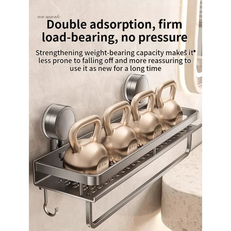 étagère salle bain adhésive ventouse métal perforée moderne sans perçage suction gris