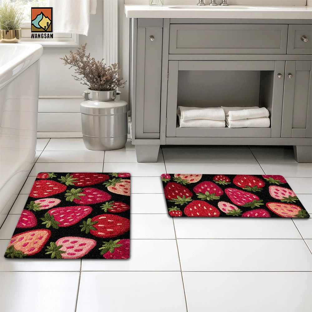 tapis moderne fraises noir rouge rose anti dérapant entrée bain couloir soft polyeste