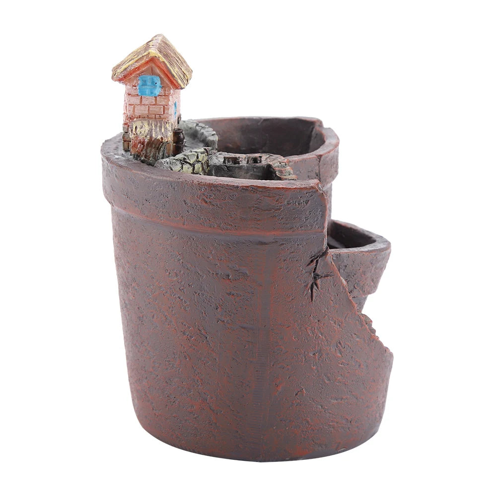 pots plante résine marron gris miniature maison toit chaume fenêtre bleue rustic