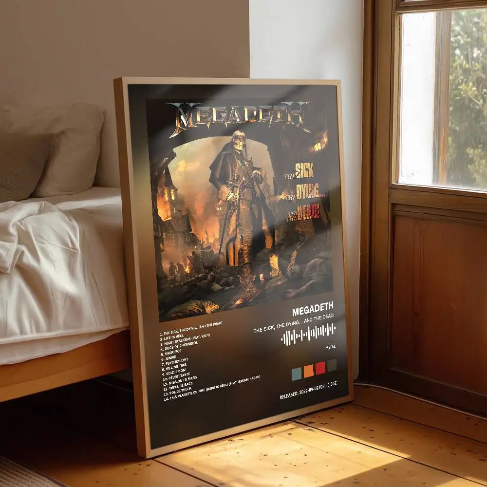 affiche musicale megadeth moderne rock blanche noire bois textes chansons logos chambre salon