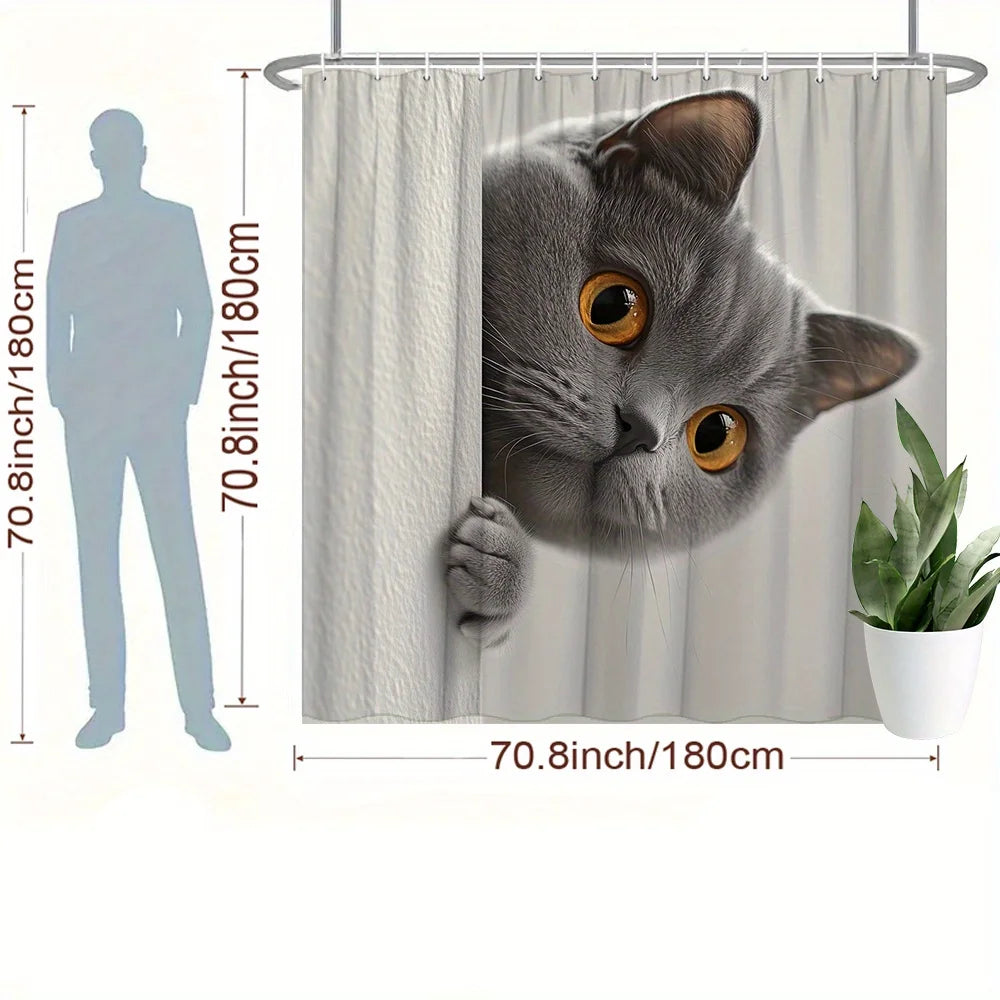 rideau douche chaton gris blanc motif humoristique moderne tringle texture polyester blanc fond