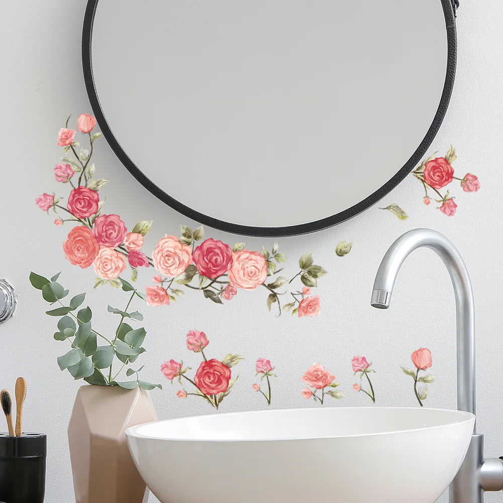 autocollant mural fleurs roses feuilles vertes floral romantique auto adhésif pvc opaques moderneintérieur salon