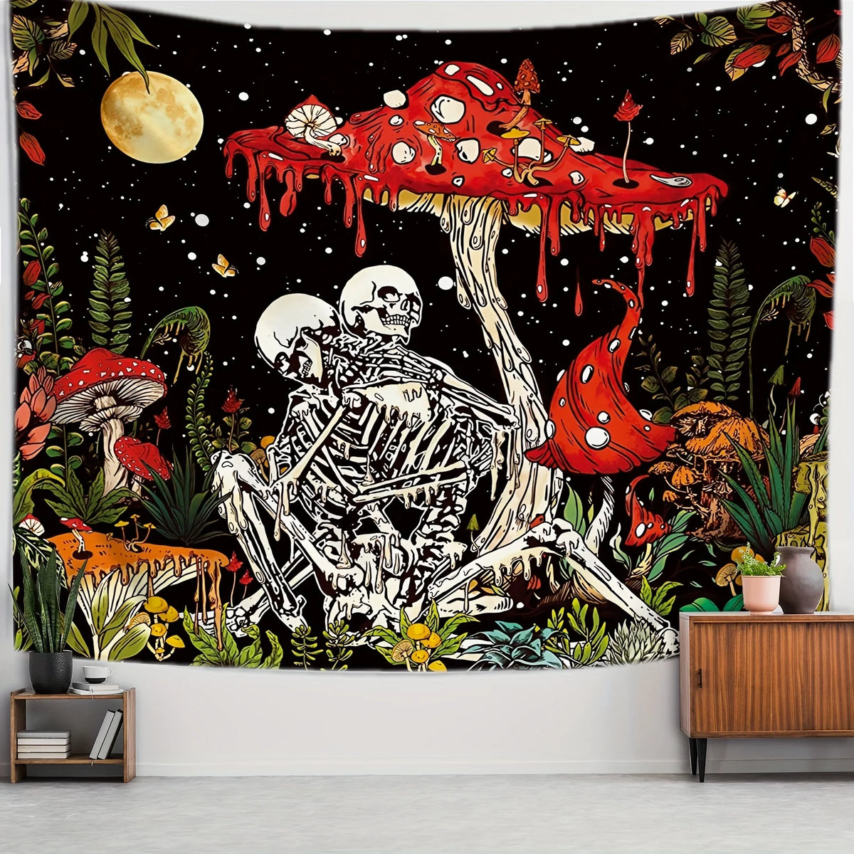 tapisserie murale gothique fantaisie squelette champignons feuilles papillons noir blanc rouge verte jaune or