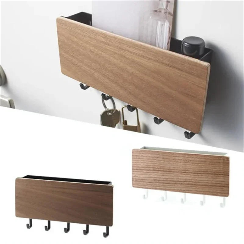 porte clés mural bois naturel moderne crochets clips adhésifs boîte stylos gris métallique