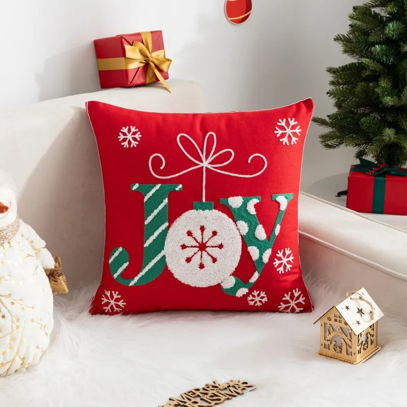 housses coussins brodées noël rennes neige opaques nordique rouge blanc gris festive
