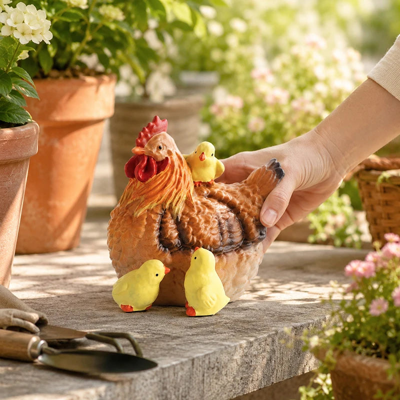 statuettes rustiques poule poussins marron rouge jaune plumes texturées décoration jardin balconintérieur