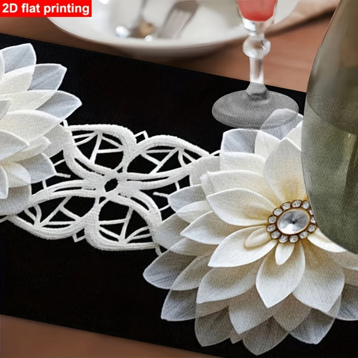 chinois moderne élégant chemin table imprimé fleurs blanches motifs géométriques polyester opaque