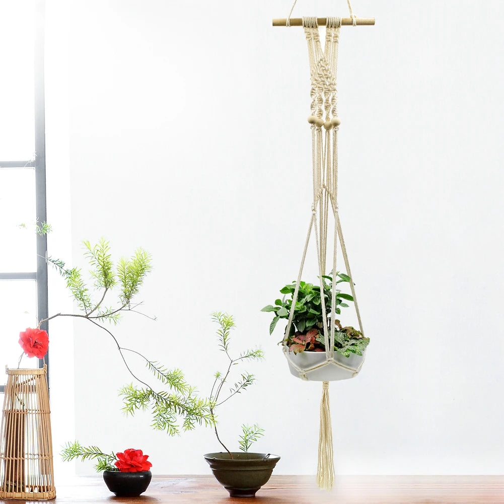 porte plante suspendu macramé bohème tressage coton bois décoration murale plante intérieure balcon jardin