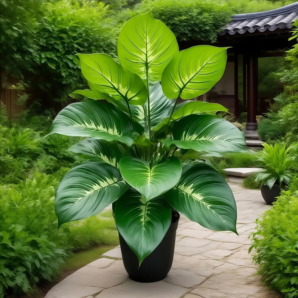 plante artificielle intérieure pot noir feuilles vertes brillantes tropical décoration jardin anniversaire exposition