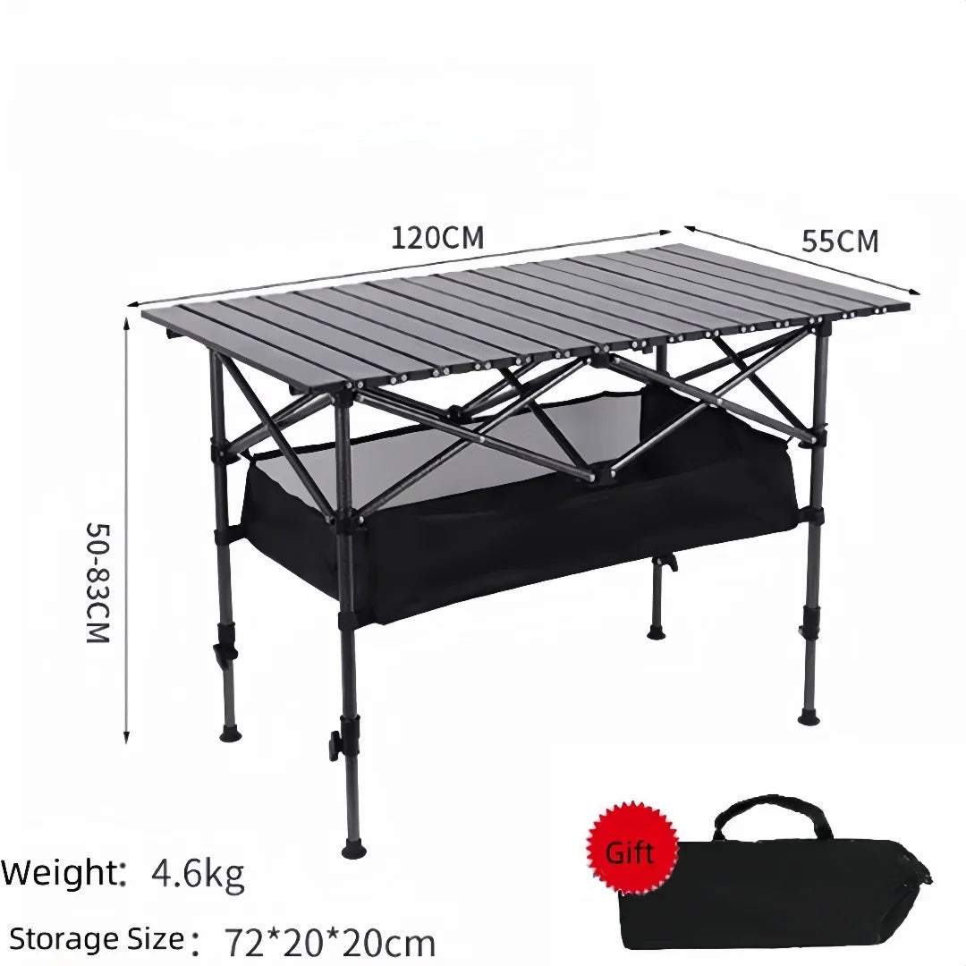 table pliante camping extérieure réglable hauteur gris noir panier mesh sac rangement durable fonctionnelle