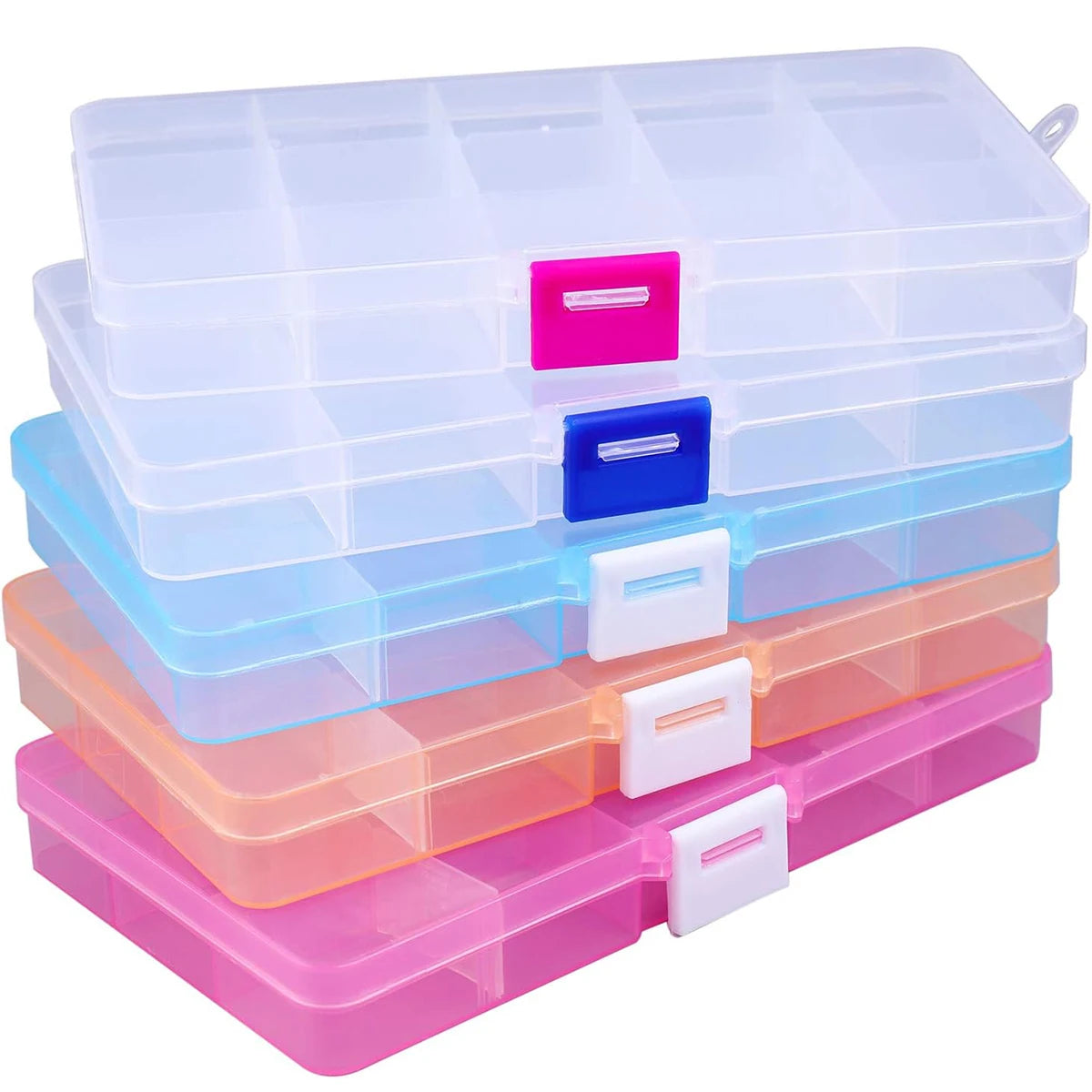 boîtes rangement bijoux transparentes bleu rose orange compartiments ajustables poignées modernes pratiques