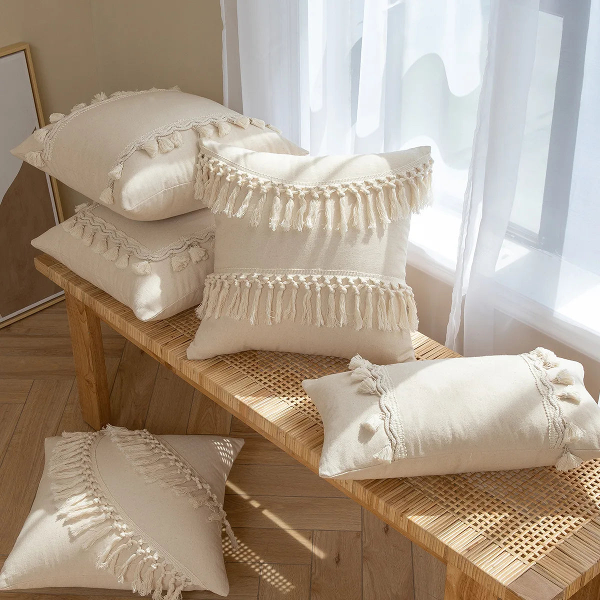 taies d'oreiller boho tassel franges coussins carrés beige solides adultes lit sofa decoration