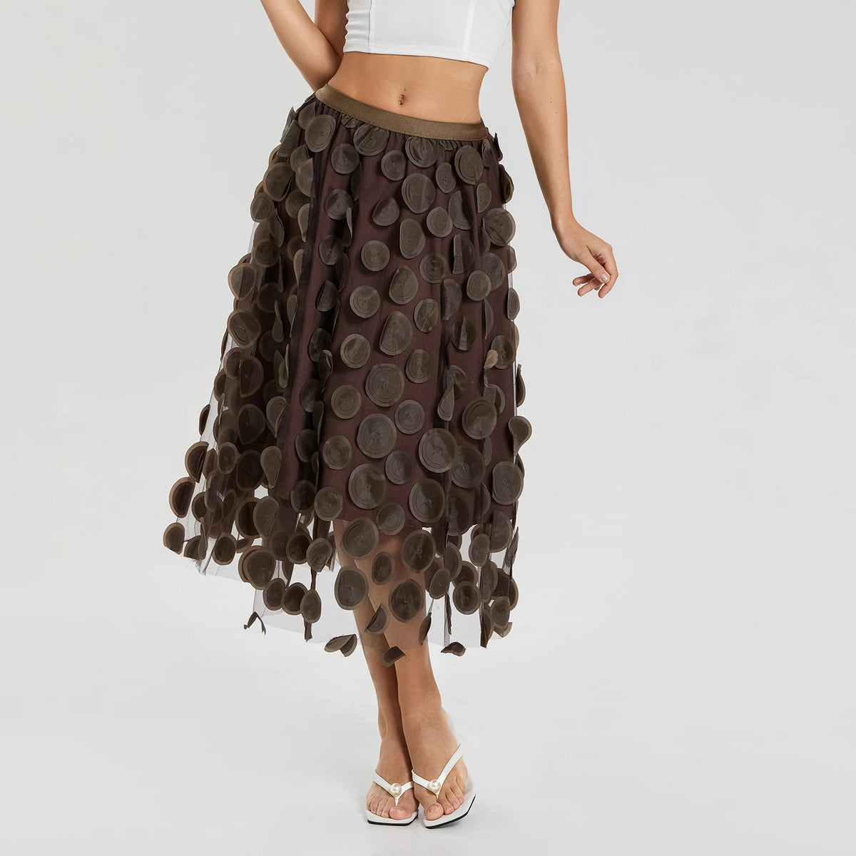 jupe marron rose transparente moderne élégante ceinture ajustable polyester femelle été mi mollet