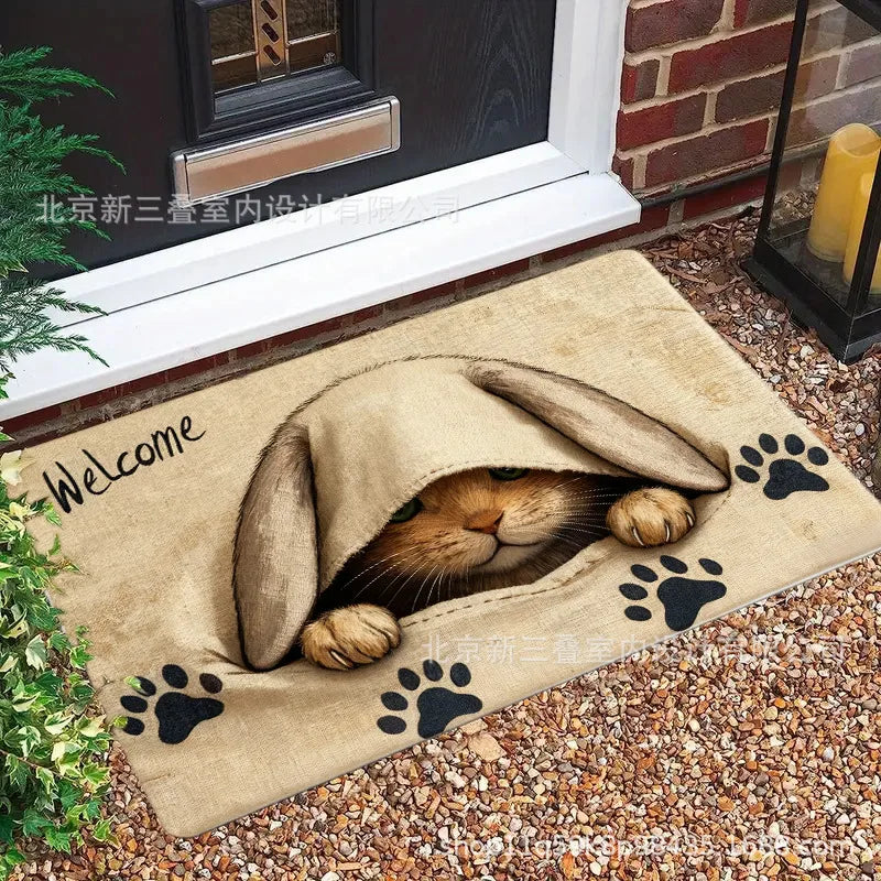 tapis d'entrée moderne motif chat paws bienvenue antidérapant résistant rides polyester orange beige