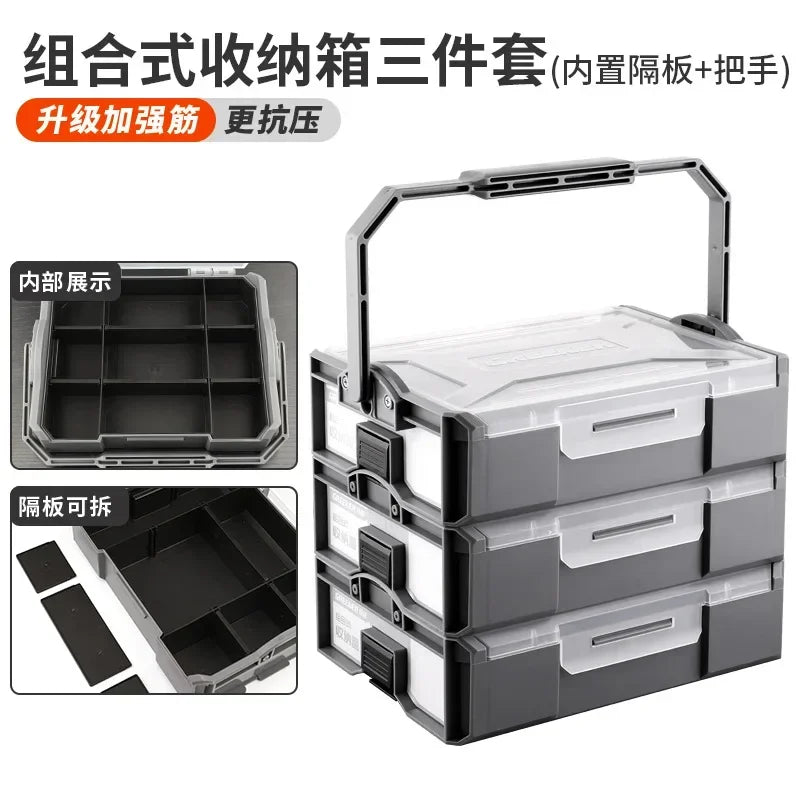 boîtes rangement outils plastique réutilisables gris transparent compartiments modernes poignées