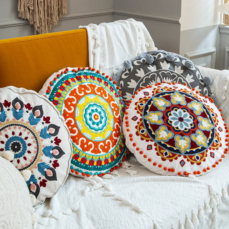 housse coussin rond brodé géométrique floral boho chic coton décor maison salon voiture