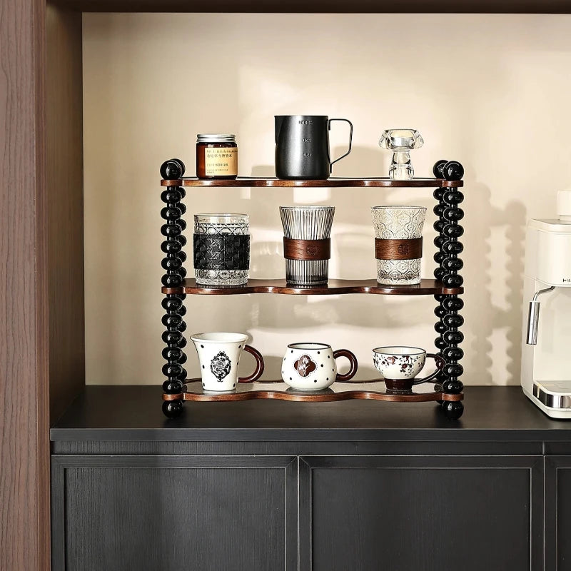 étagère bois cuisine deux niveaux moderne verres tasses rangement transparents opaques