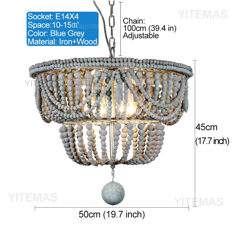 lustre vintage blanc bleu gris bois lumières chaîne métallique