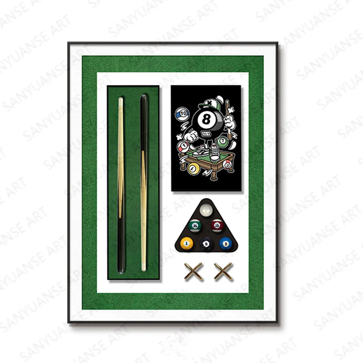 peinture physique 3d queue billard boules vert noir blanc doré moderne cadre aluminium traditionnelle