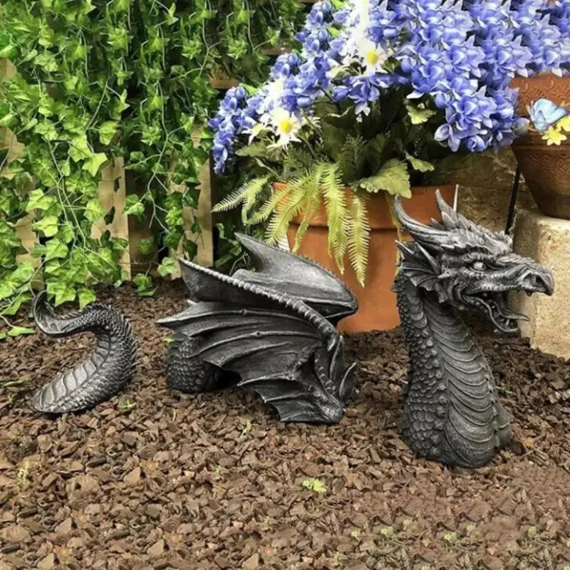 statues dragons résine fantastique gothique patio jardin décor extérieur gris noir éclairé details sculpté