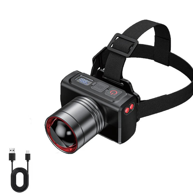 lampe frontale rechargeable led noire ceinture ajustable mode mouvement zoom optique campingextérieur